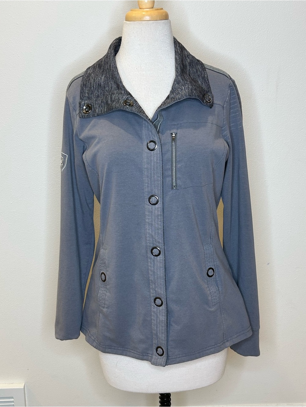 Kuhl Women's Slate Blue Gray snap Front Utility Jacket Contrast Collar Size L
